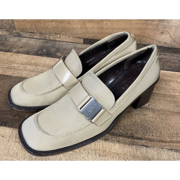 Gucci Shoes - Vintage Gucci Canvis Loafers Size 9 Women’s Taupe Heeled Square Toe with Buckle